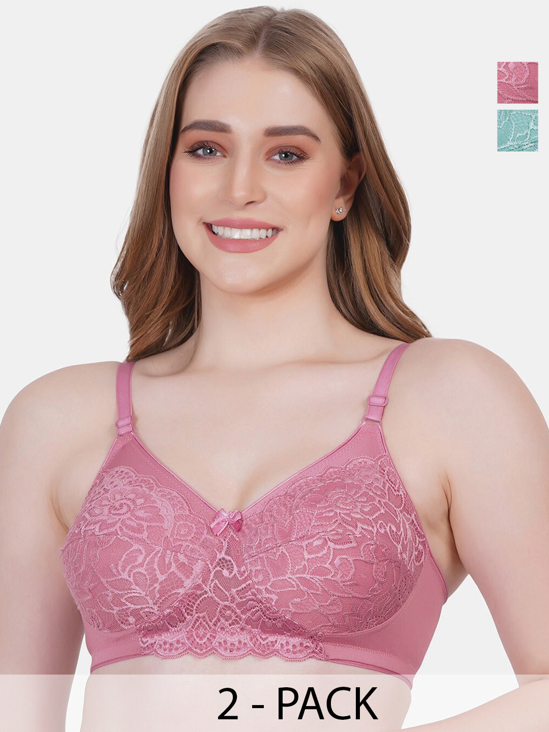 Reveira Pack Of 2 Floral Lace Medium Coverage Everyday Bra With All Day Comfort