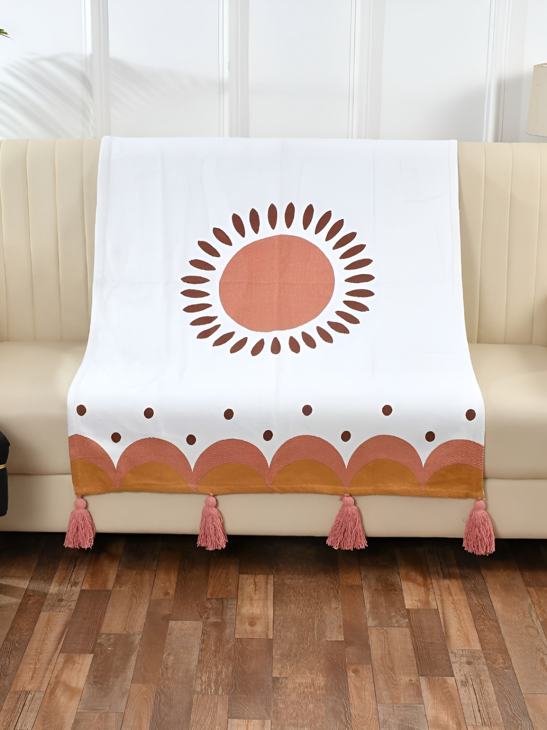 SASHAA WORLD Orange & White  Self-Design Pure Cotton Fringed Throw