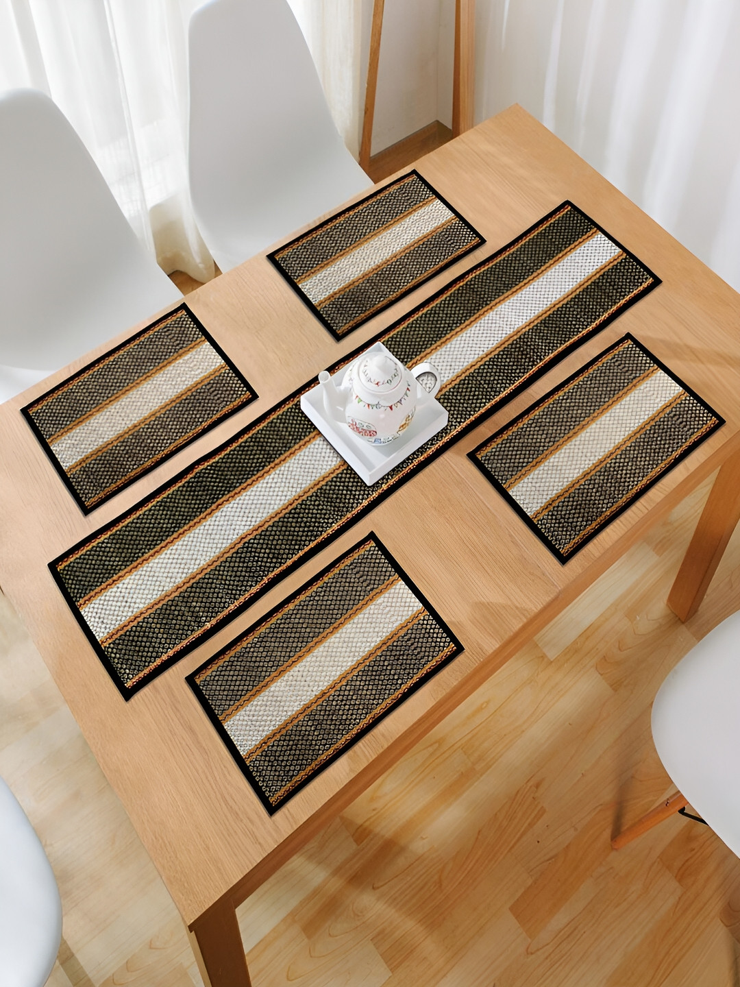 HOKIPO Madurkathi 5 Pieces Black & White Geometric Table Placemats & Runner