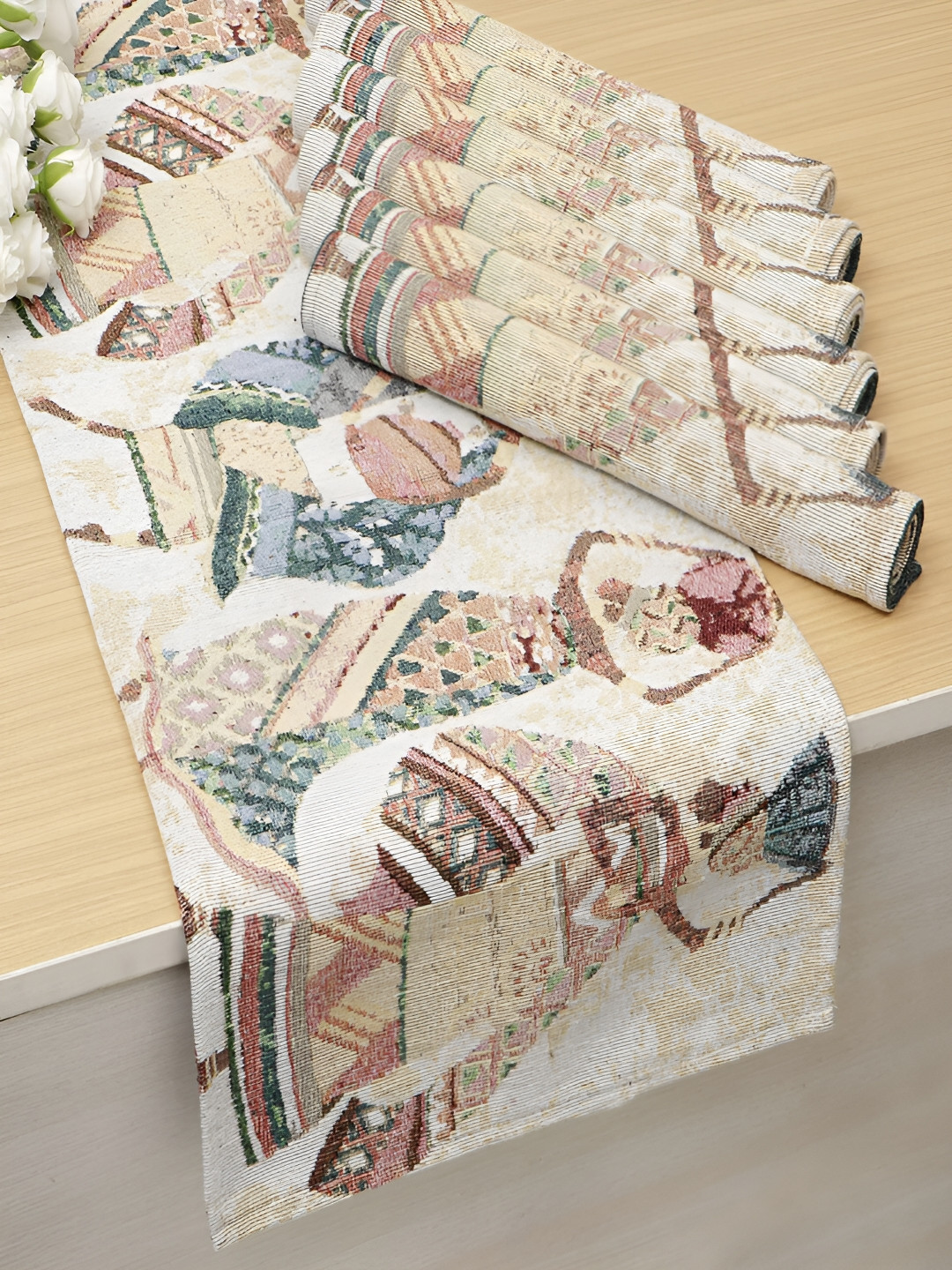 HOKIPO 7 Pieces Multicolor Tribal Women Printed Cotton Table Placemats With Runner