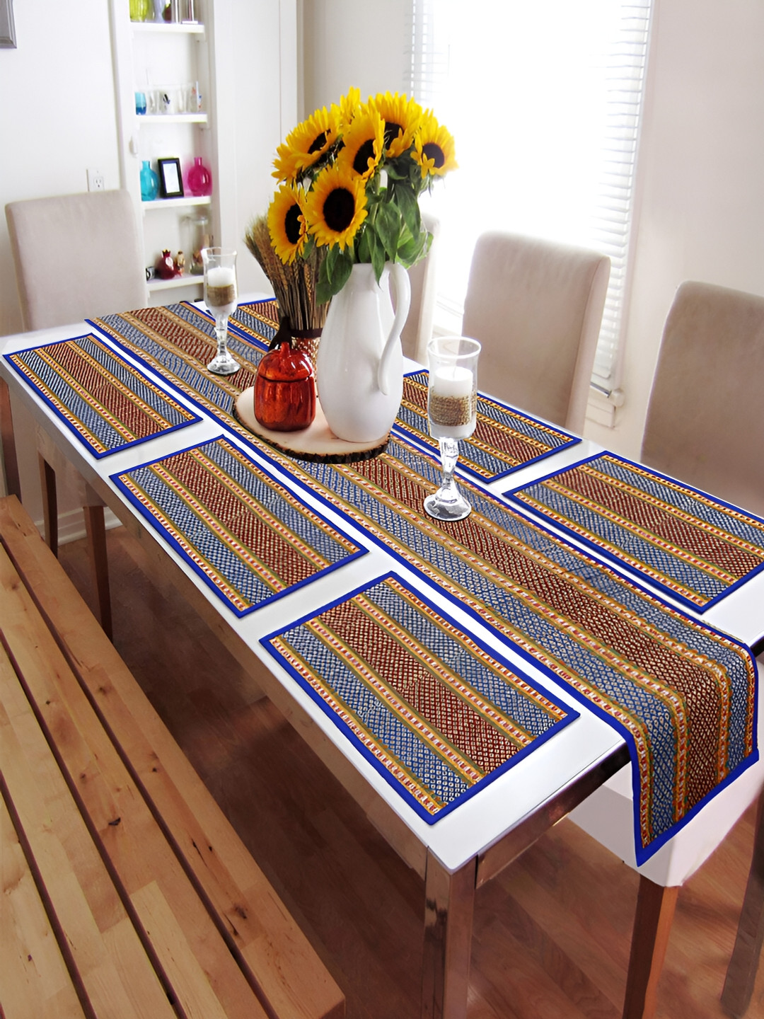 HOKIPO Madurkathi 7 Pieces Blue & Red Printed Table Placemats