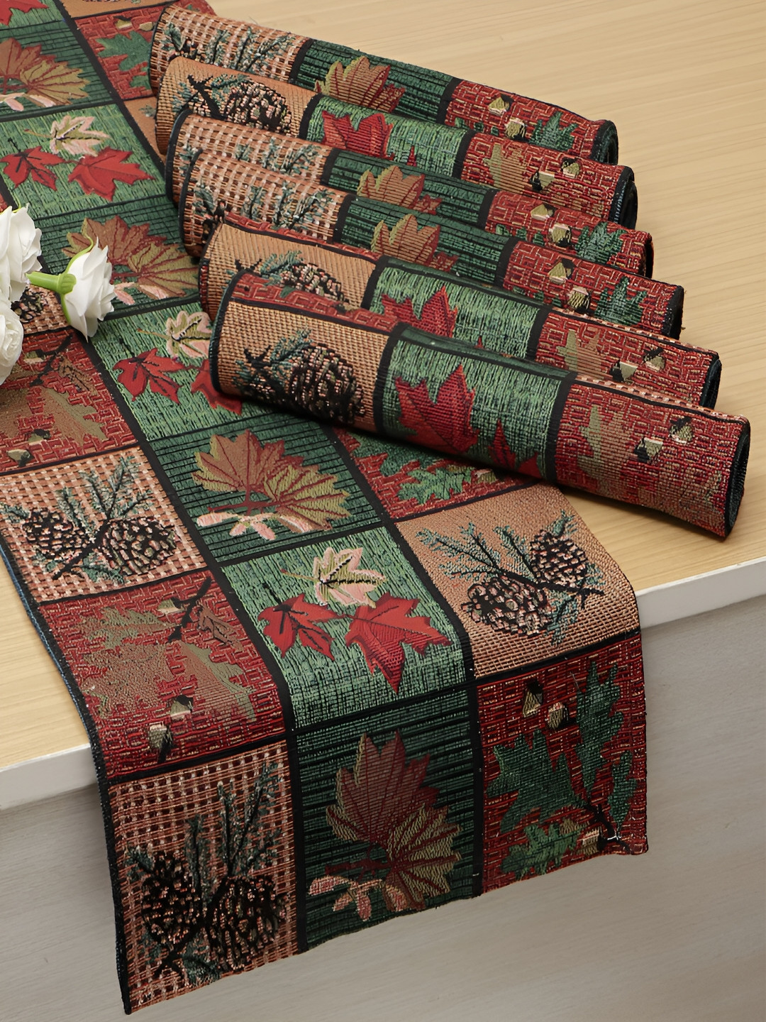 HOKIPO 7 Pieces Green & Brown Floral Pattern Cotton Table Placemats With Runner