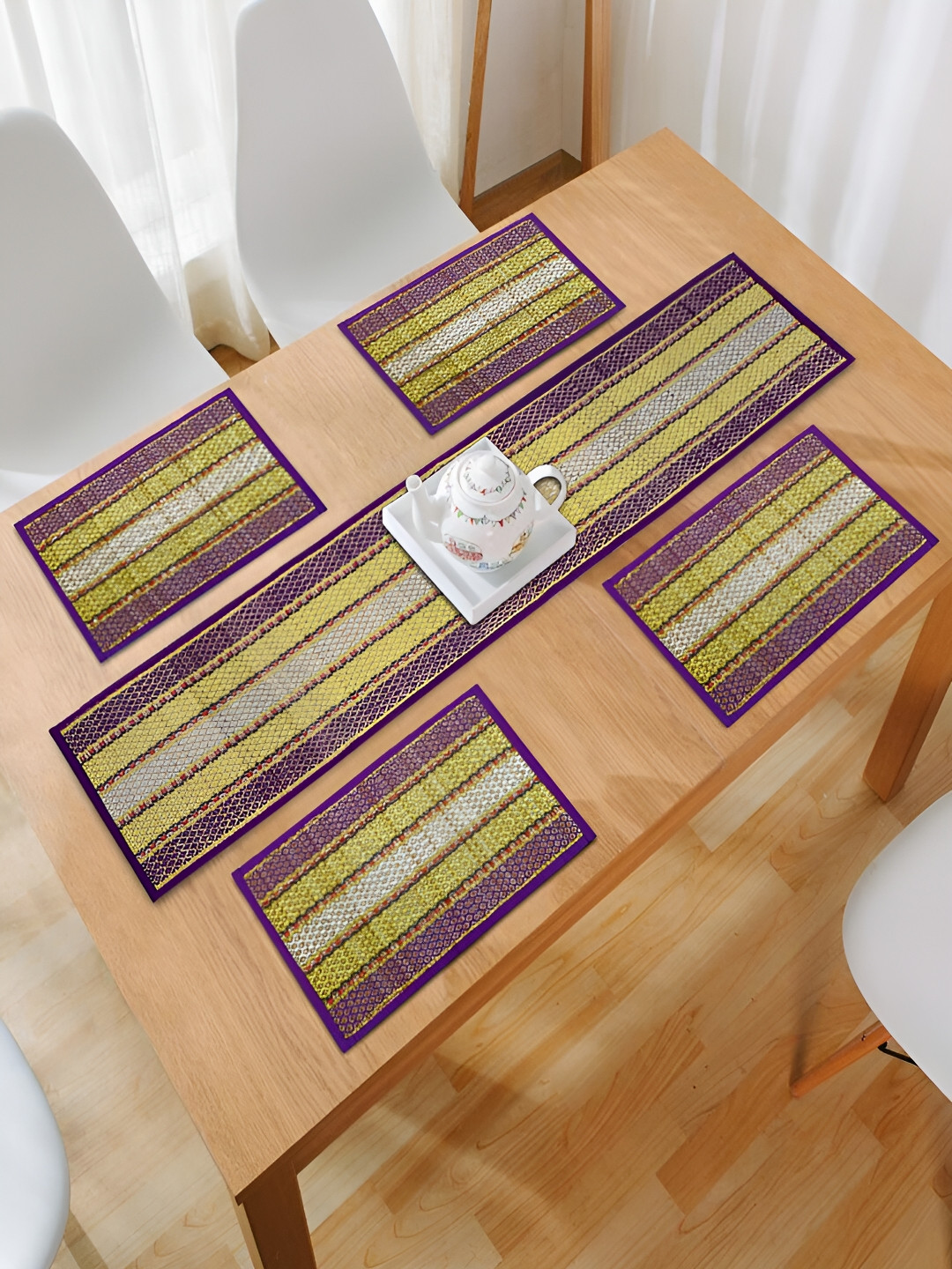 HOKIPO Madurkathi 5 Pieces Yellow & Purple Geometric Table Placemats & Runner
