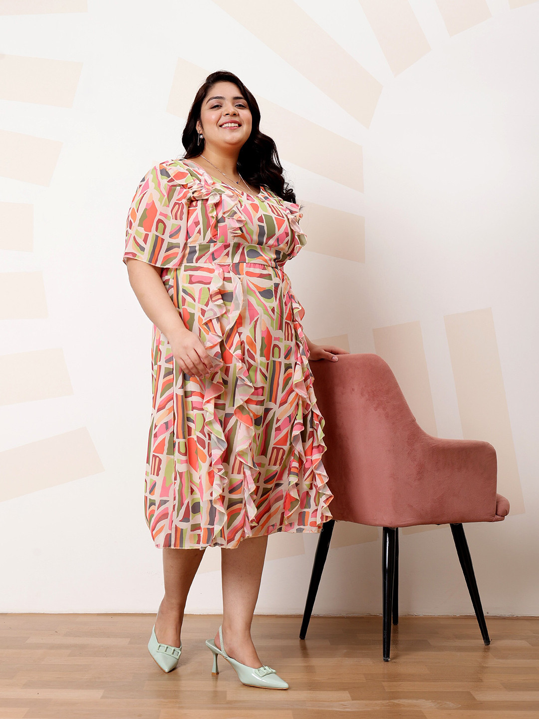 Athena Ample Plus Size Abstract Print Ruffled Georgette A-Line Midi Casual Dress