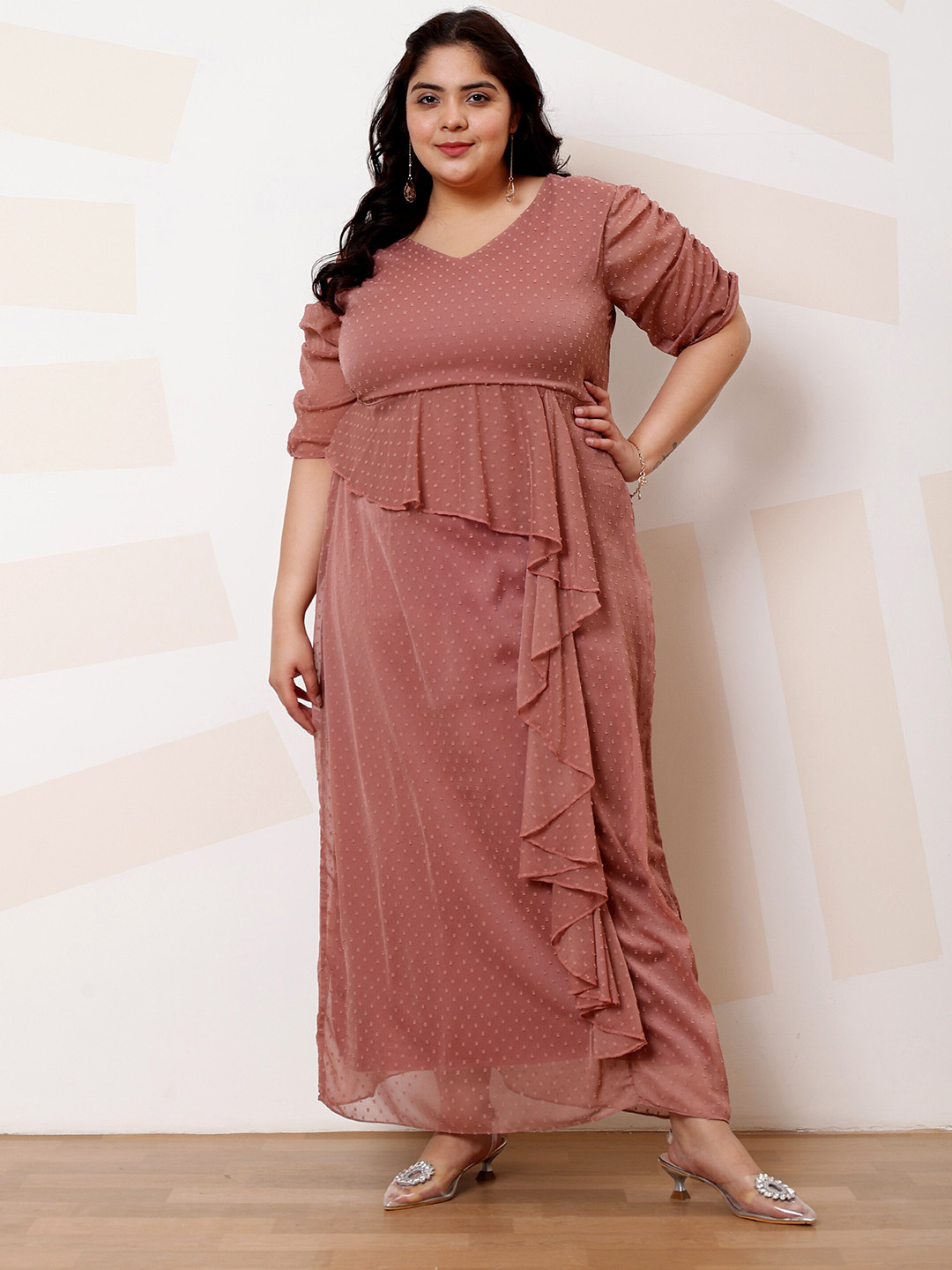 Athena Ample Plus Size Polka Dot Printed Ruffled Maxi Casual Dress