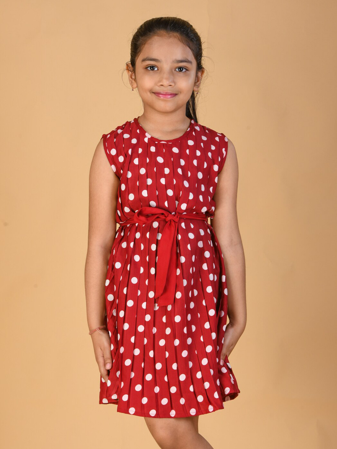 Kids On Board Girls Polka Dot Printed Pleated Dress With Belt