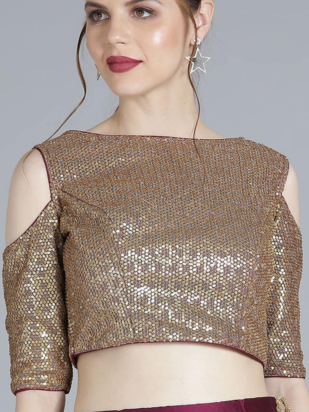 Ethnovog Boat Neck Cold Shoulder Sleeves Sequinned Saree Blouse