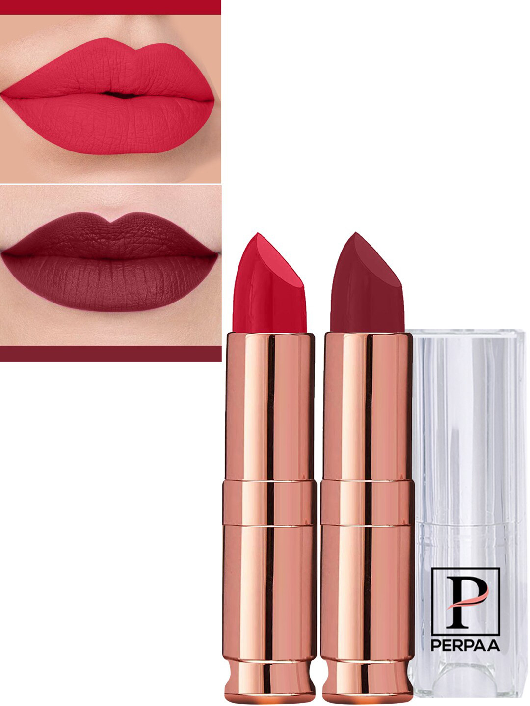 PERPAA Set Of 2 Antique Velvet Matte Lipstick With Jojoba Oil - Red 55 & Dark Maroon 95