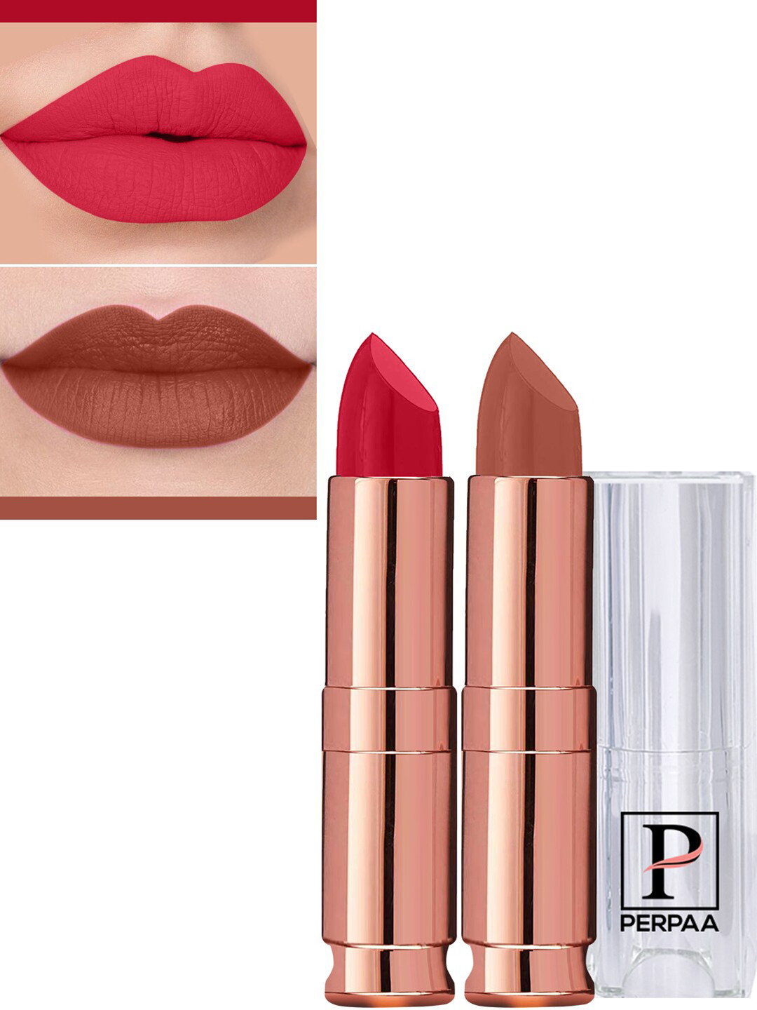 PERPAA Set Of 2 Antique Velvet Matte Lipstick With Jojoba Oil - Red 55 & Nude Brown 111
