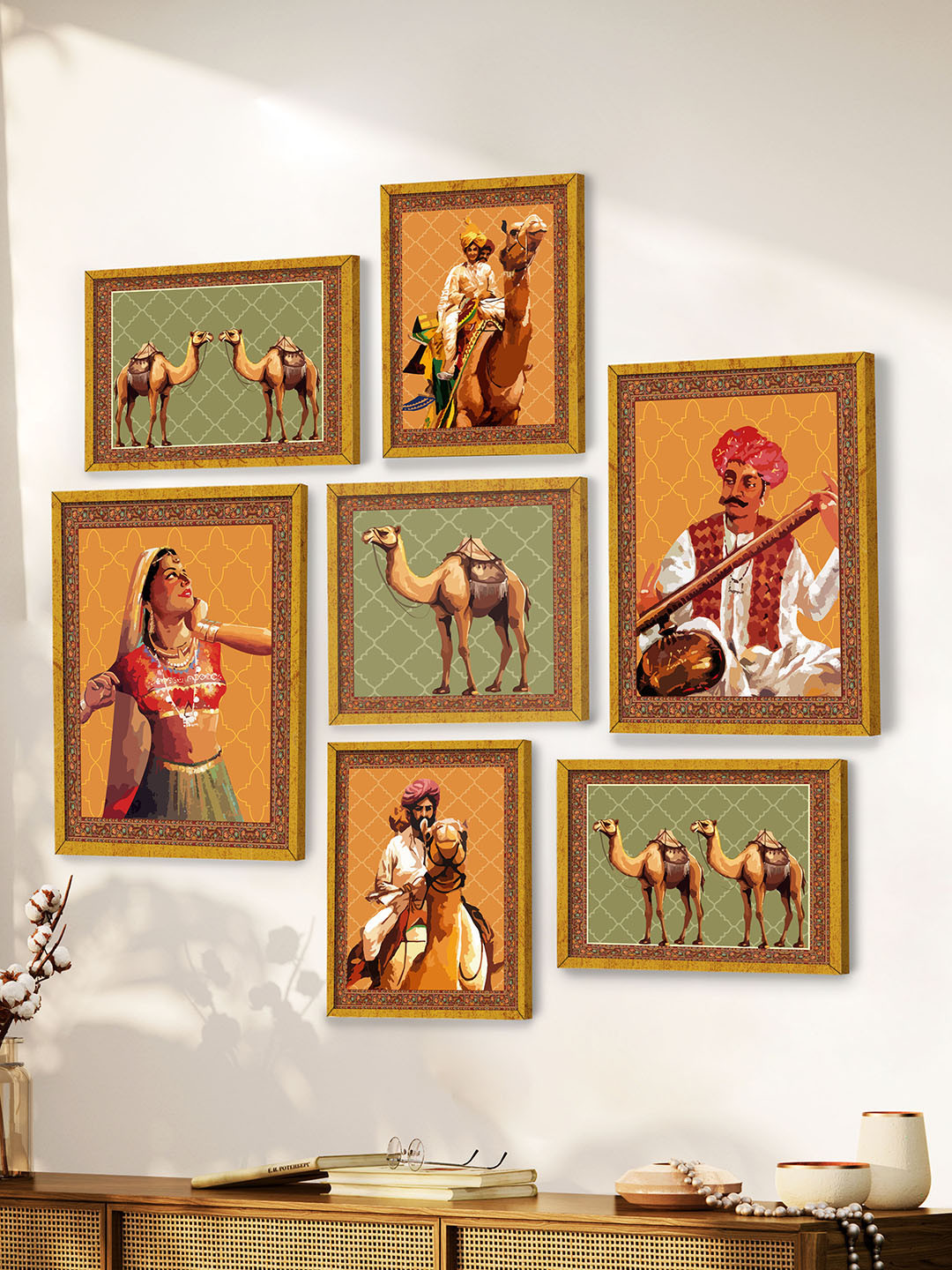 Art Street Gold-Toned & Green Set of 7 Wooden Rajasthani People with Camel Wall Paintings