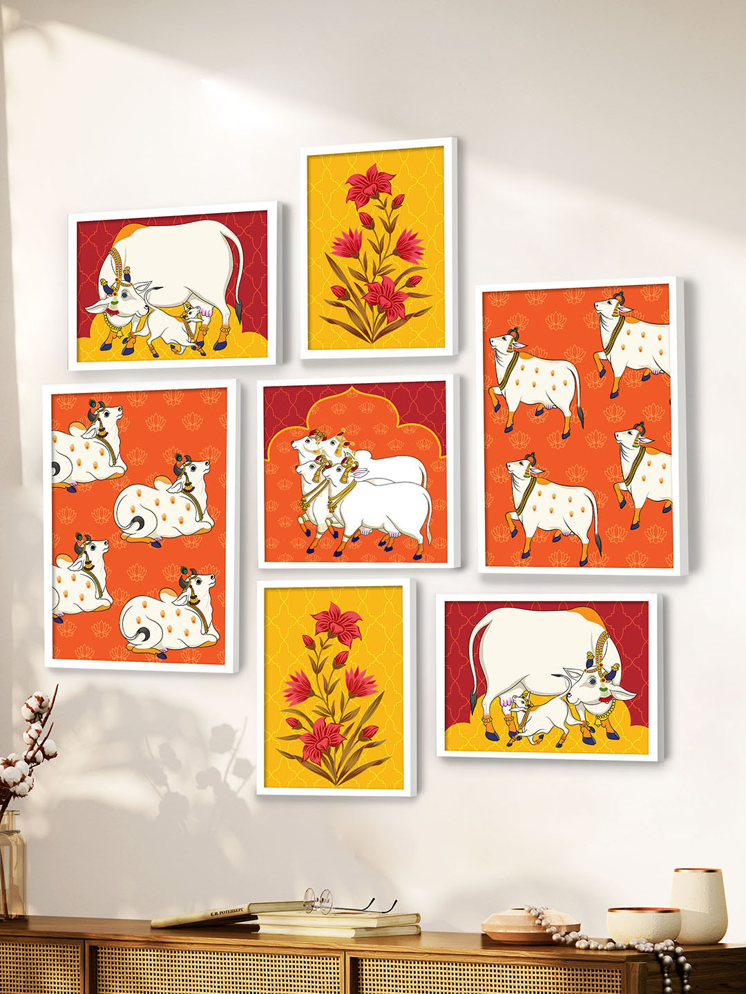 Art Street Orange & White Set of 7 Wooden Cow with Flower Theme Wall Paintings