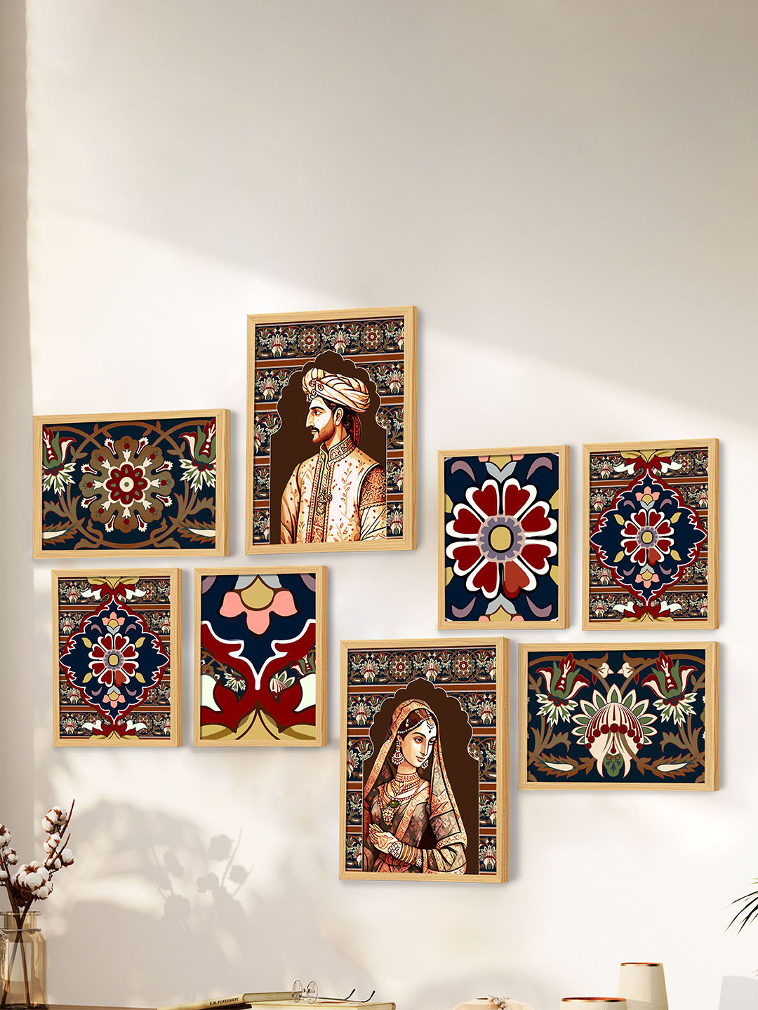 Art Street Beige & Red Set of 8 Wooden Royal Prince with Queen Palace Wall Paintings