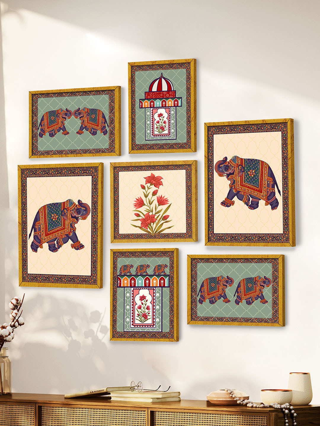 Art Street Elephant with Flower Wood 7 Piece Wall Rectangle Paintings Wall Art