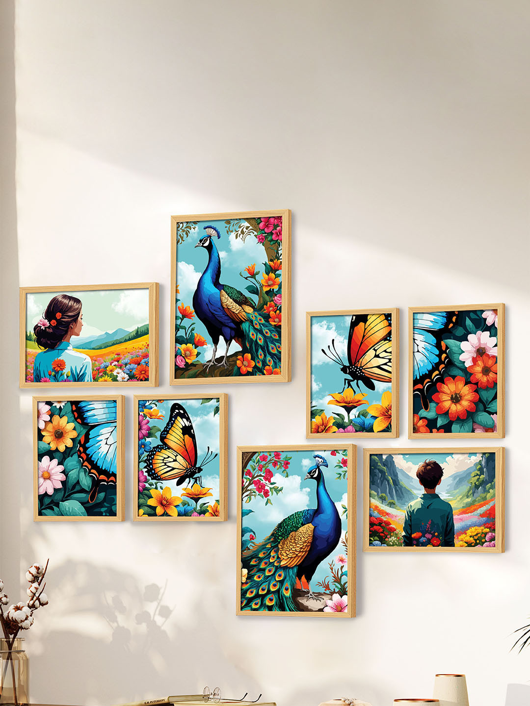 Art Street Blue & Orange Set of 8 Wooden Birds and Animals Wall Paintings