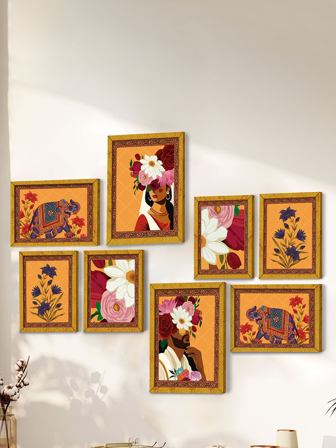 Art Street Orange & White 8pc Wooden Man and Woman with Elephant Floral Wall Paintings