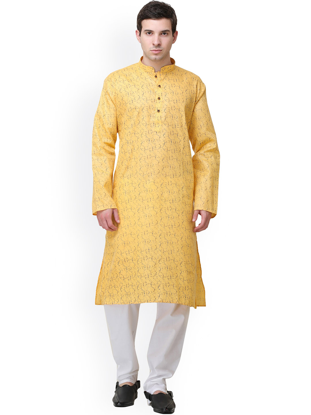 Exotic India Geometric Printed Mandarin Collar Regular Pure Cotton Kurta with Pyjamas
