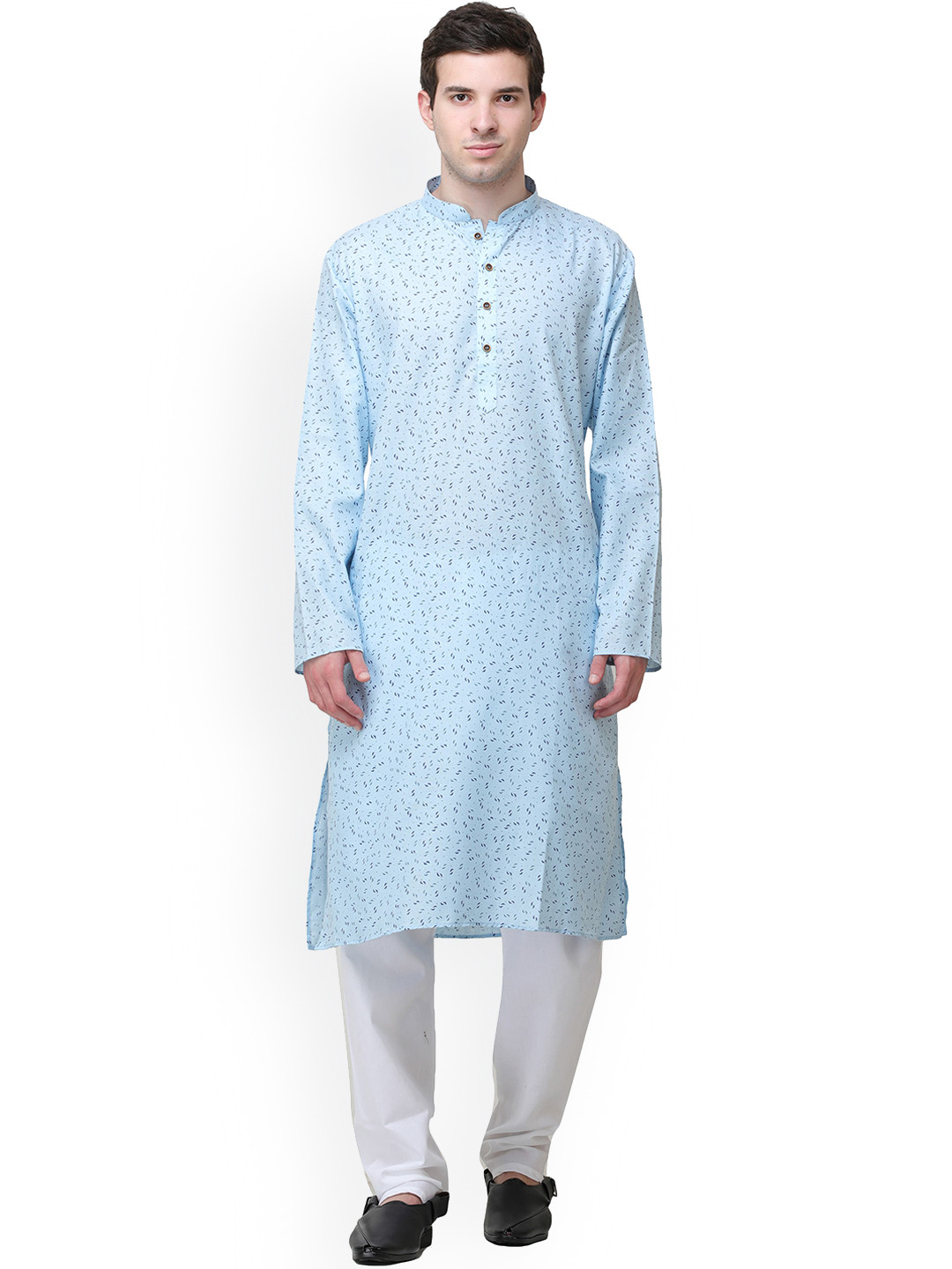 Exotic India Sky Blue Pure Cotton Casual Kurta Pajama Set with Printed Leaves and Bootis