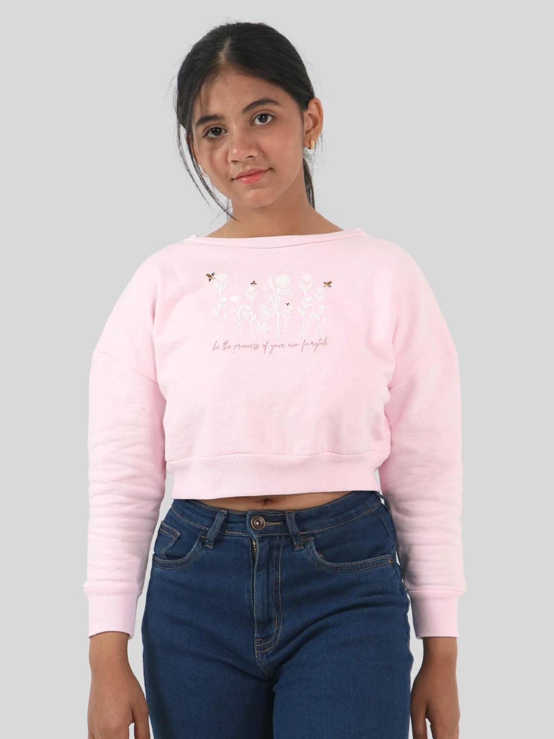 TWEENY MINI Girls Floral Embroidered Cotton Crop Sweatshirt