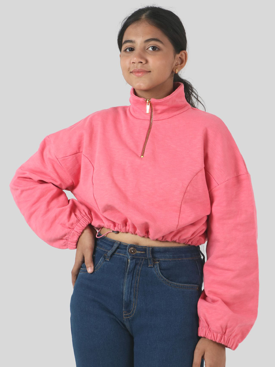 TWEENY MINI Girls Mock Collar Cotton Crop Sweatshirt