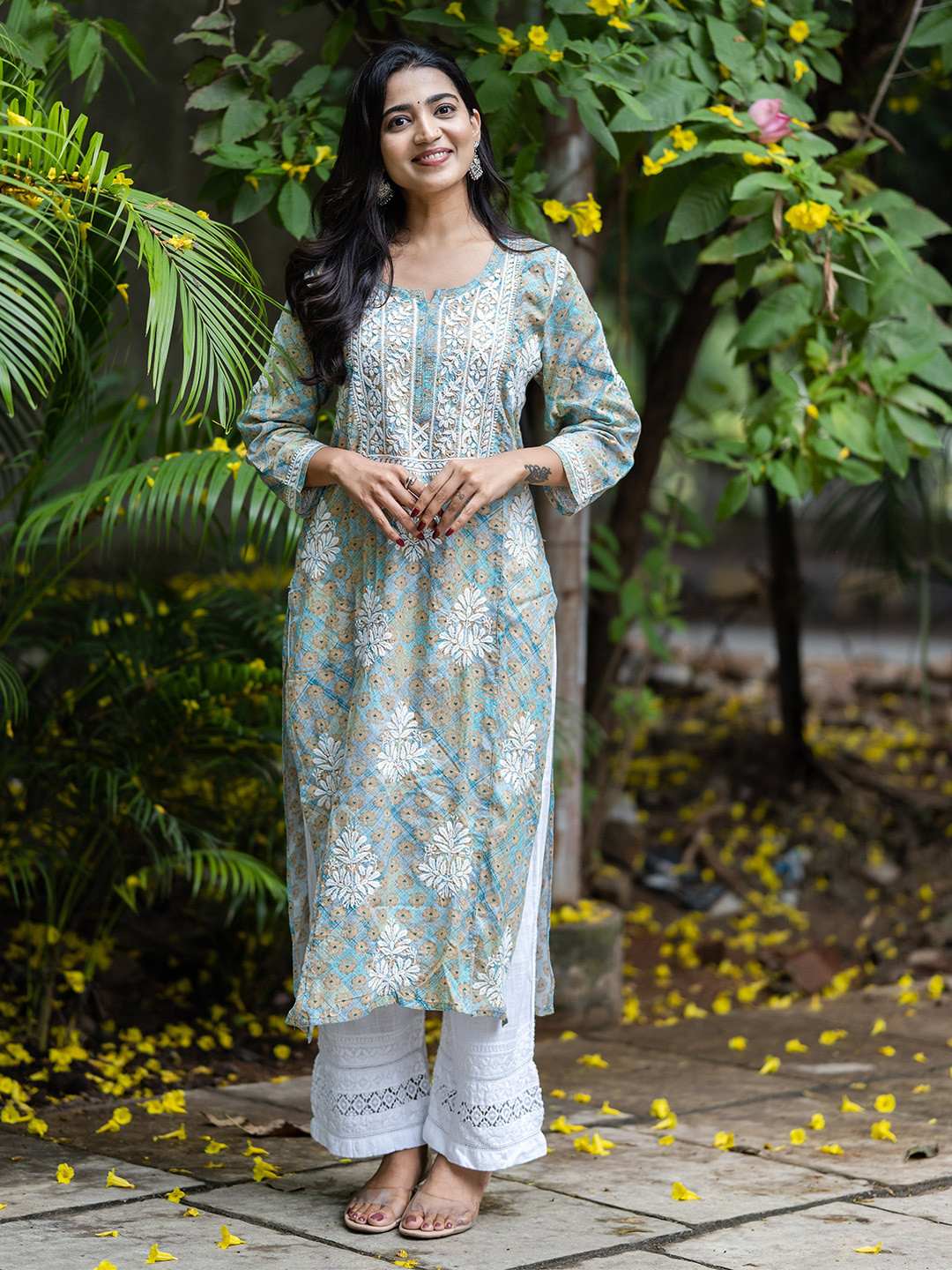 ADA Floral Printed Notch Neck Regular Sleeves Embroidered Cotton Silk Straight Kurta