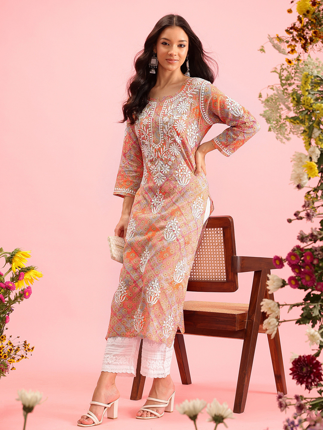 ADA Floral Printed Notch Neck Full Sleeves Thread Work Cotton Silk Straight Kurta