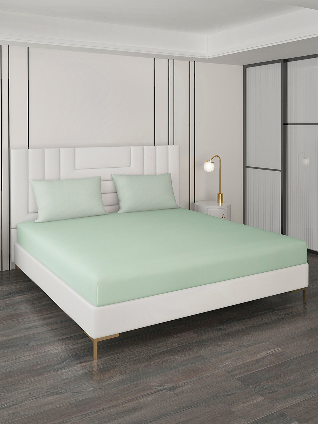 Monte Carlo Summer Sea Green Cotton 400 TC King Superfine Bedsheet with 2 Pillow Covers-106 x 106 inches