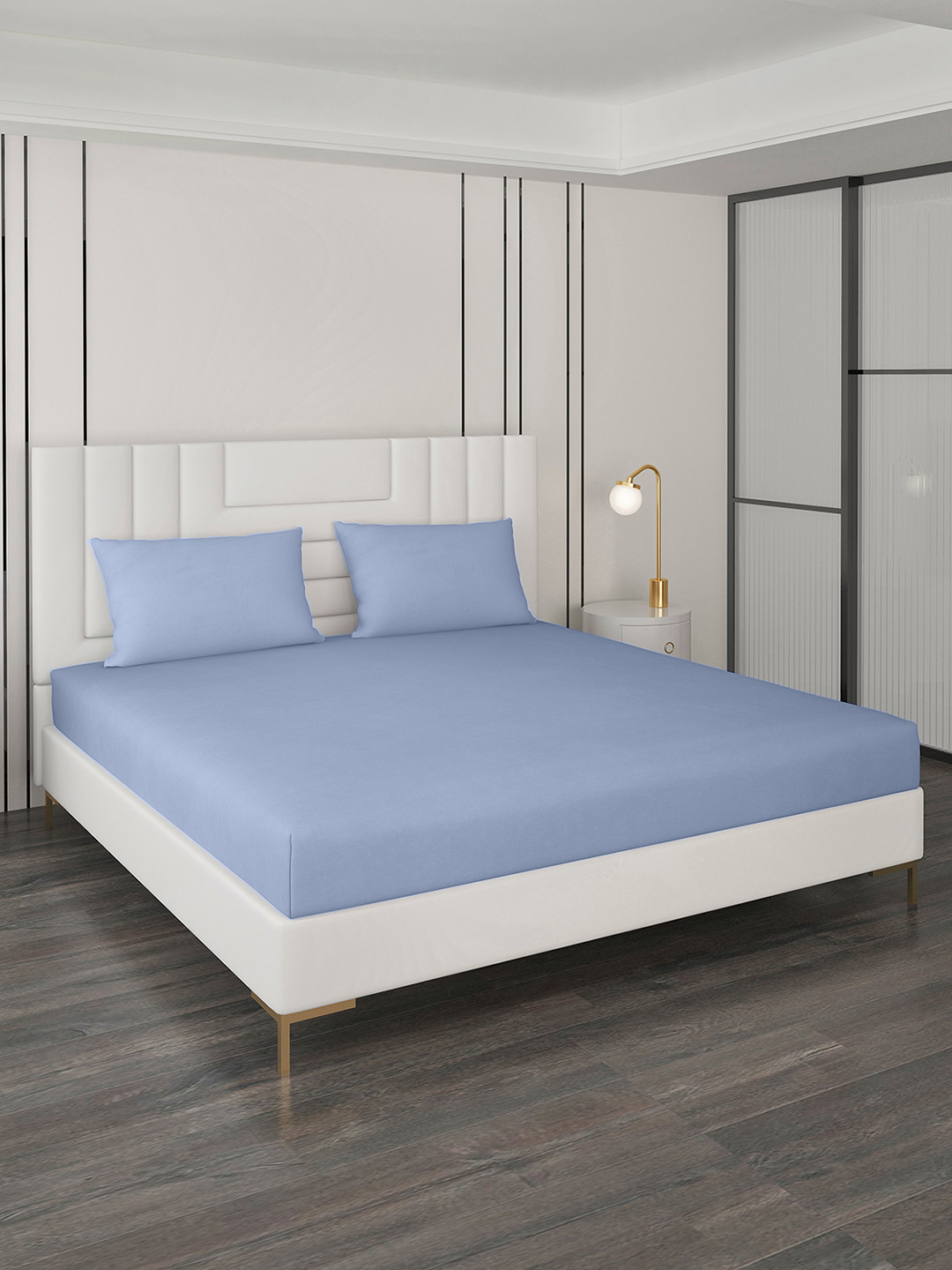 Monte Carlo Lifestyle Blue Solid Cotton 400 TC King Fine Bedsheet with 2 Pillow Covers-270 x 270 cm