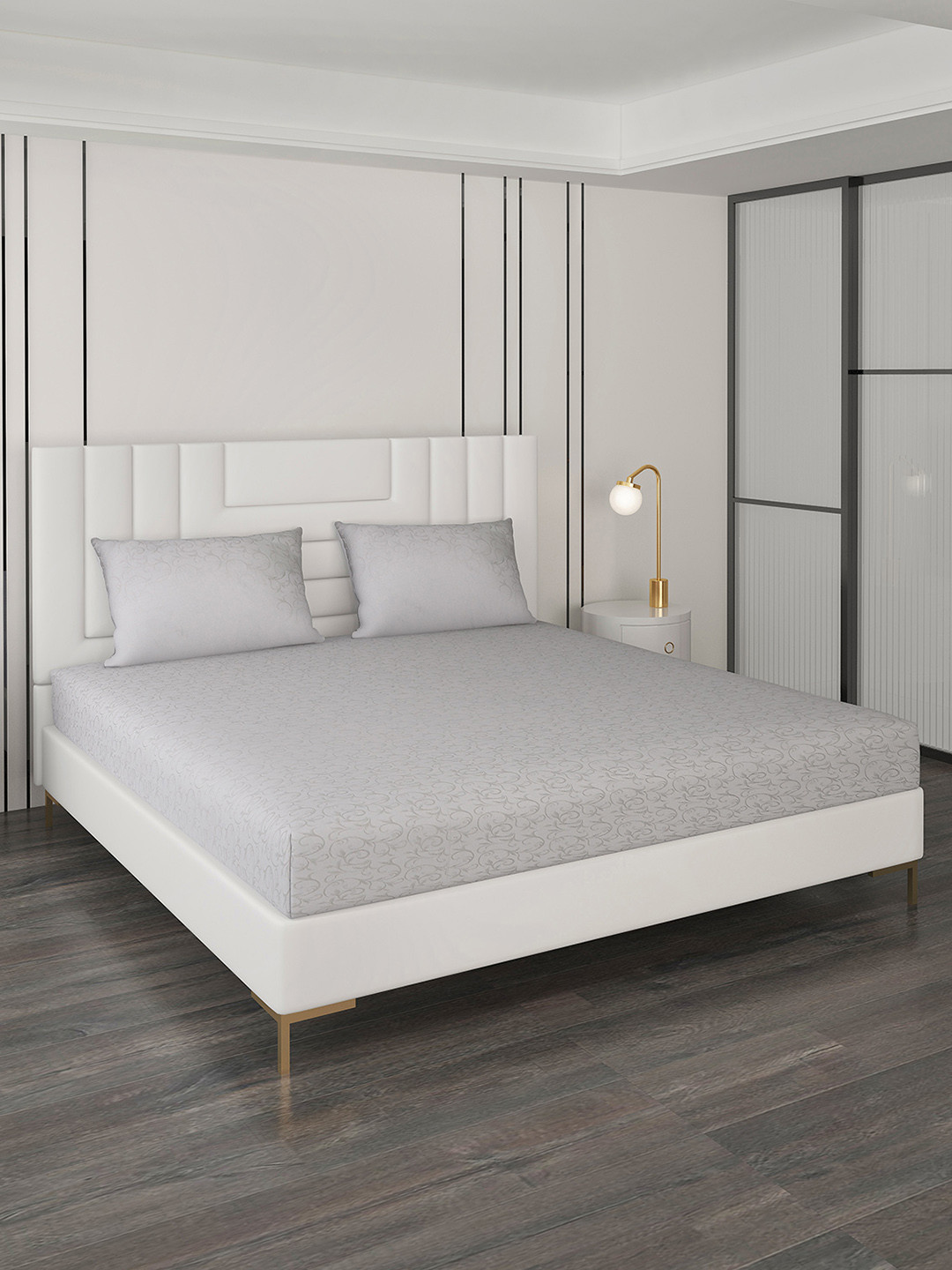 Monte Carlo Italian Jacquard Grey Ethnic Motifs Cotton 400 TC King Superfine Bedsheet with 2 Pillow Covers-106 x 106 inches