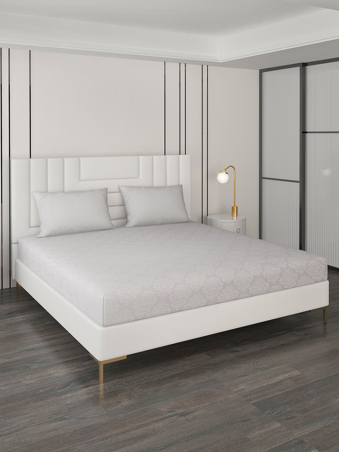 Monte Carlo Summer Grey Ethnic Motifs Cotton 400 TC Fitted King Superfine Bedsheet with 2 Pillow Covers-106 x 106 inches