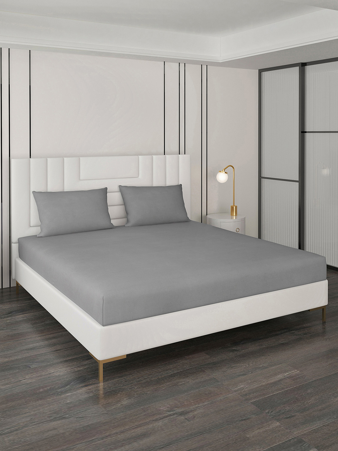 Monte Carlo Grey Cotton 400 TC King Superfine Bedsheet with 2 Pillow Covers-106 x 106 inches