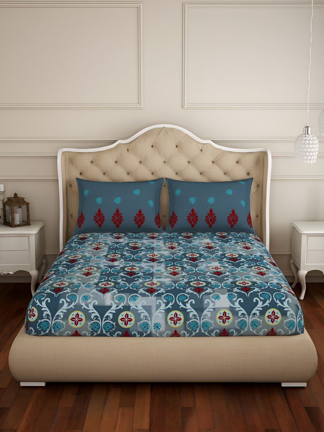 SPACES Atrium Blue Ethnic Motifs Pure Cotton 144 TC Queen Bedsheet with 2 Pillow Covers-87 x 93 inches