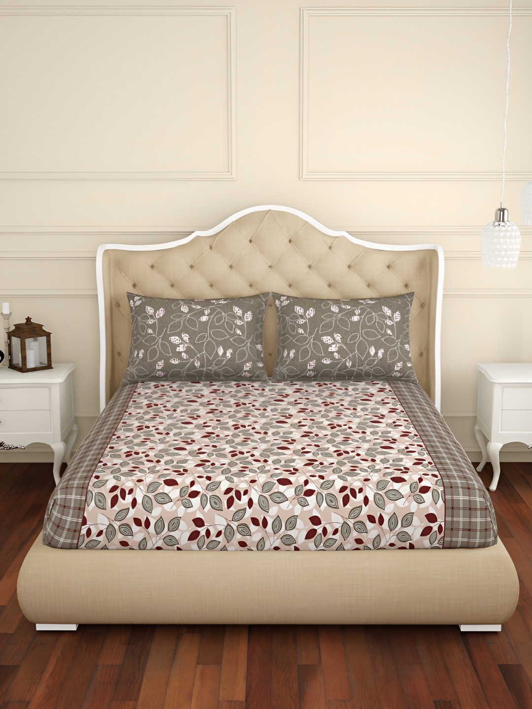 SPACES Pink Leaf Cotton 144 TC Queen Bedsheet with 2 Pillow Covers-224 x 254 cm