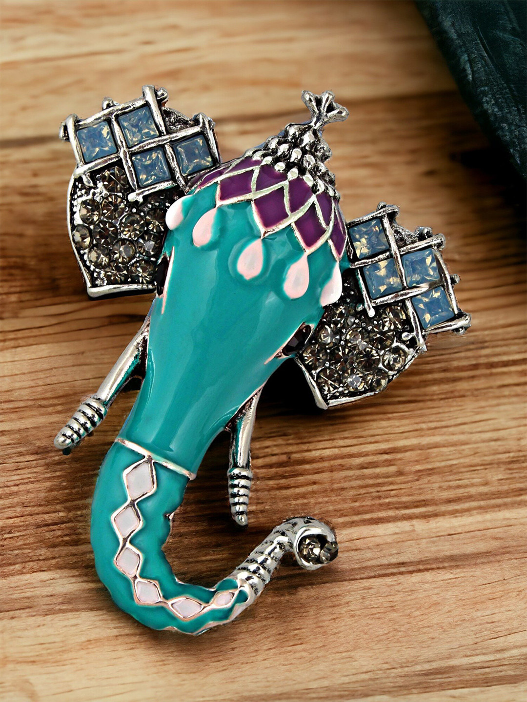 LUCKY JEWELLERY Unisex Silver Plated Oxidised Enamel Ganesha Design Brooch