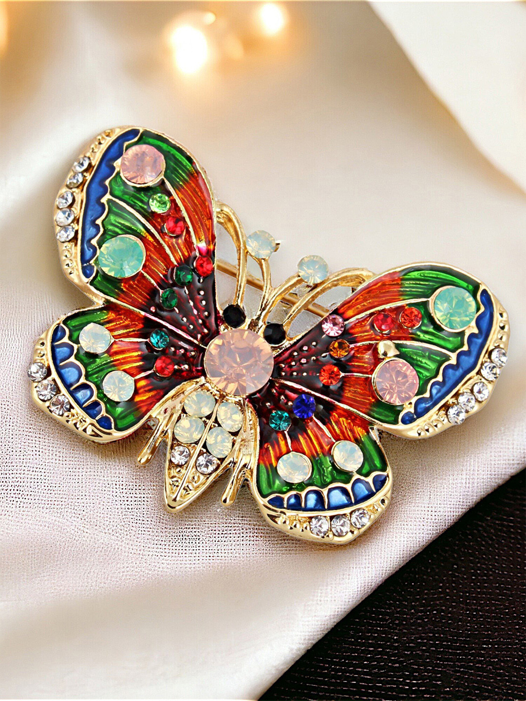 LUCKY JEWELLERY Unisex Gold Plated Enamel Butterfly With Stones  Brooch