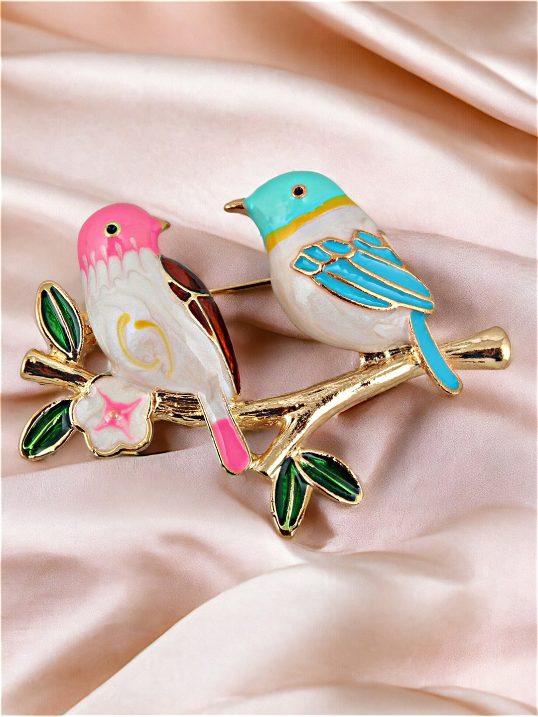 LUCKY JEWELLERY Unisex Gold Plated Enamel Birds Saree Pin Brooch
