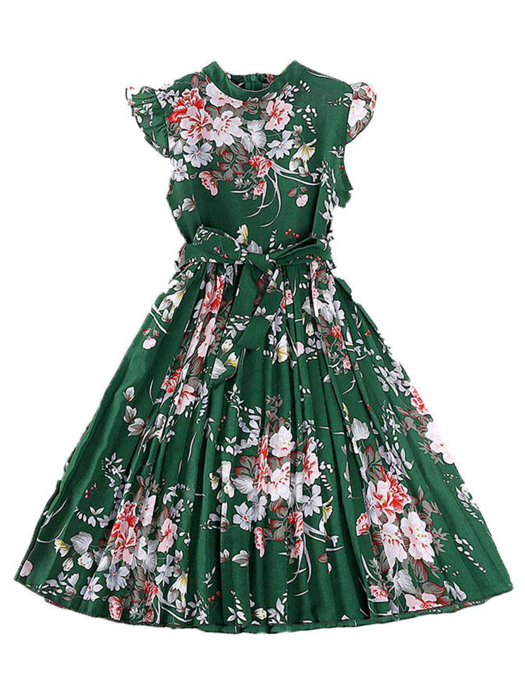 StyleCast x Revolte Girl Green Floral Flutter Sleeves Tie-Ups Fit and Flare Maxi Dress