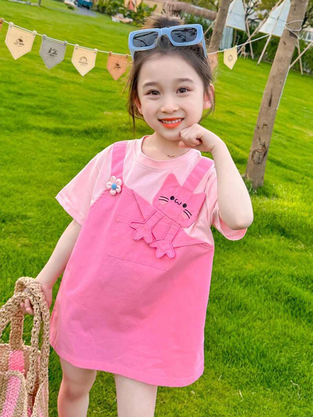 StyleCast x Revolte Girls Pink & Black Round Neck Pinafore Dress