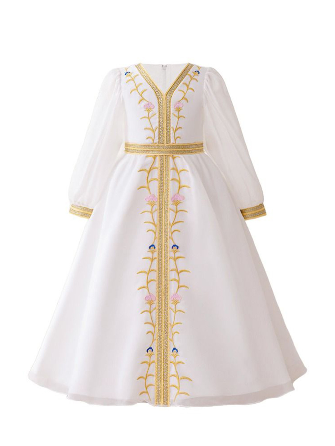 StyleCast x Revolte Girl White Bishop Sleeves Embroidered Fit and Flare Maxi Dress