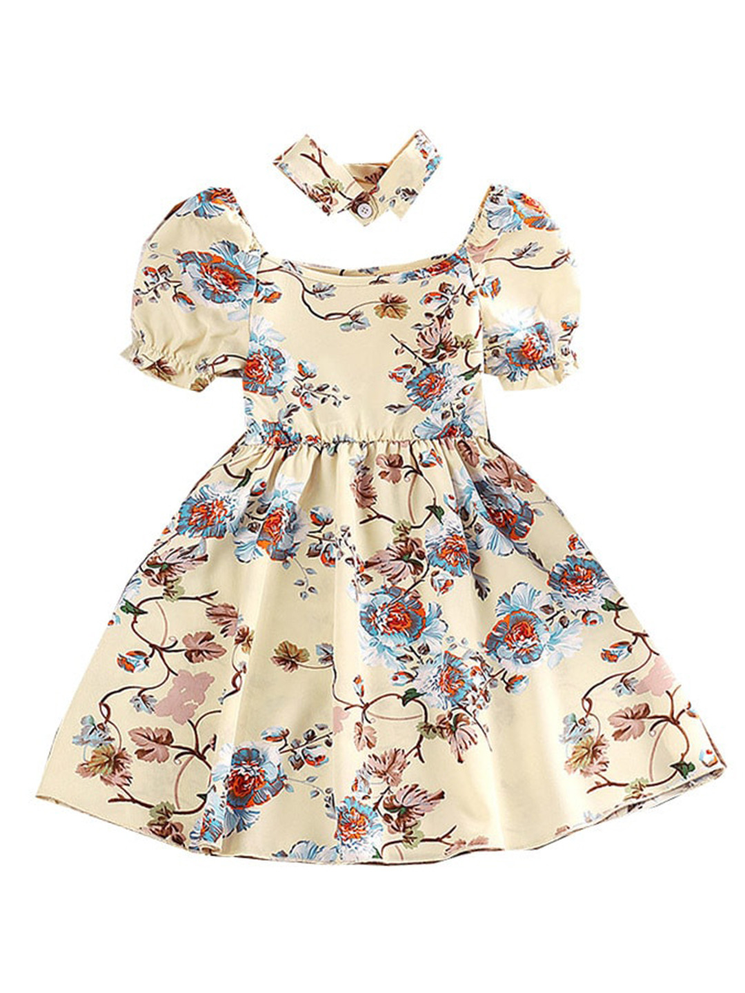 StyleCast x Revolte Girls Beige & Blue Floral Print Puff Sleeves Fit & Flare Dress