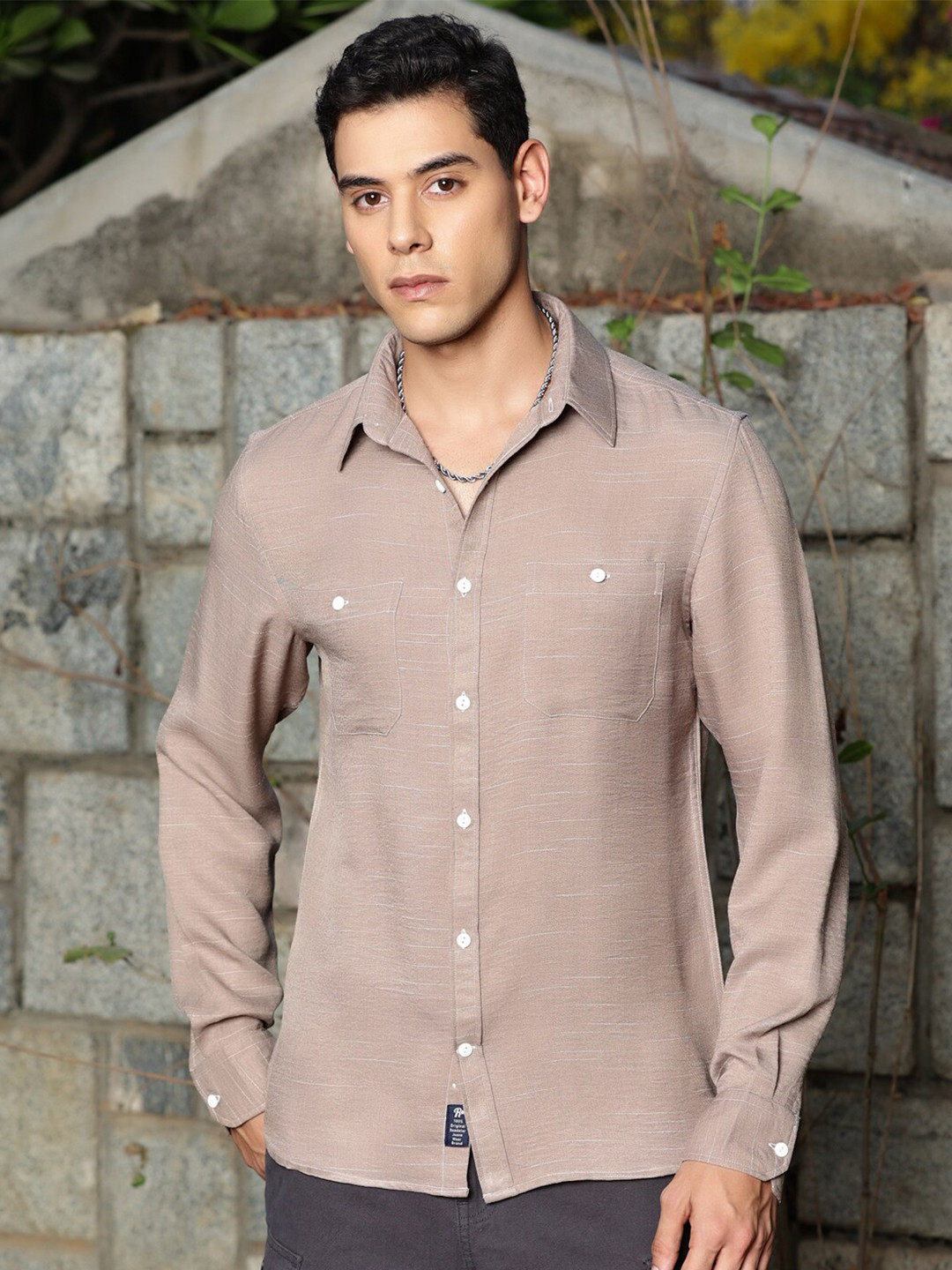 The Roadster Lifestyle Co. Textured Self Design Spread Collar Premium Shirt
