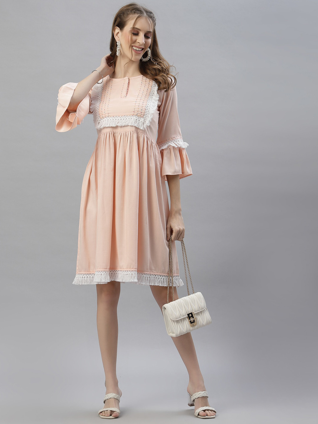 KALINI Round Neck Three-Quarter Bell Sleeve Cotton Fit & Flare Dress