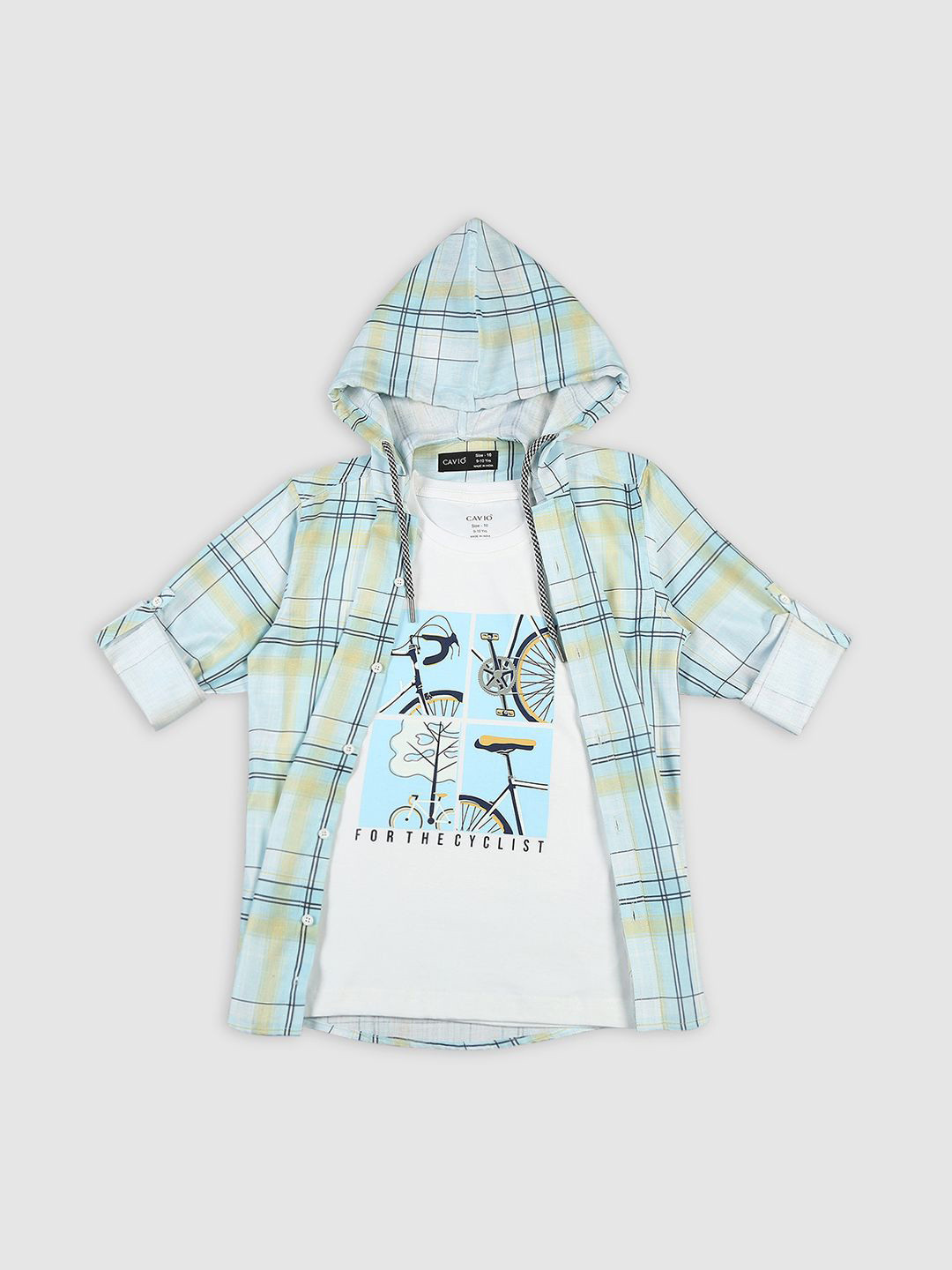 CAVIO Boys Standard Tartan Checks Roll-Up Sleeves Hood Casual Shirt & T-Shirt