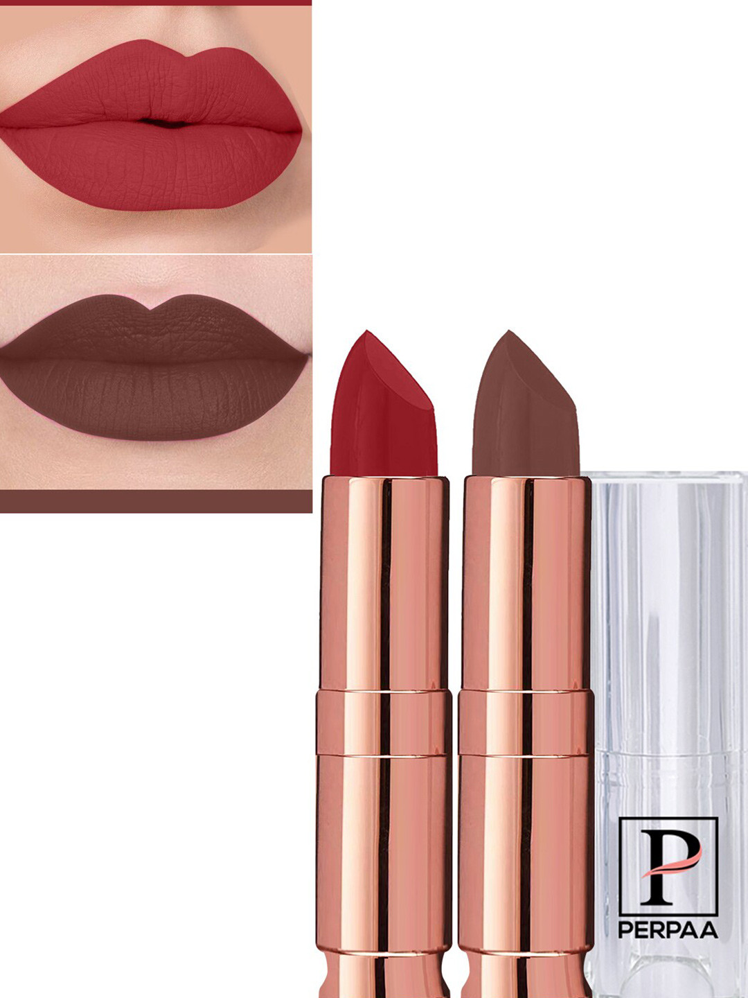 PERPAA Set Of 2 Antique Velvet Matte Lipstick With Jojoba Oil - Brown 67 & Rose Red 86