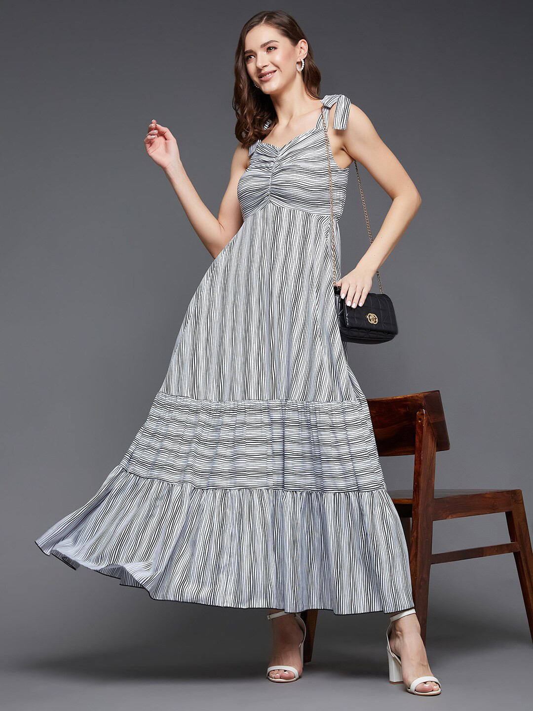 DressBerry Women's Striped Neck Tie-Up Tiered Relaxed Fit Maxi Dress