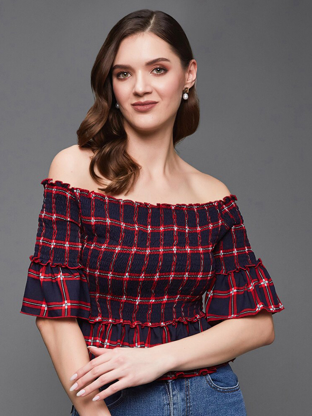 DressBerry Navy Blue & Red Checked Off-Shoulder Smocked Cotton Bardot Top