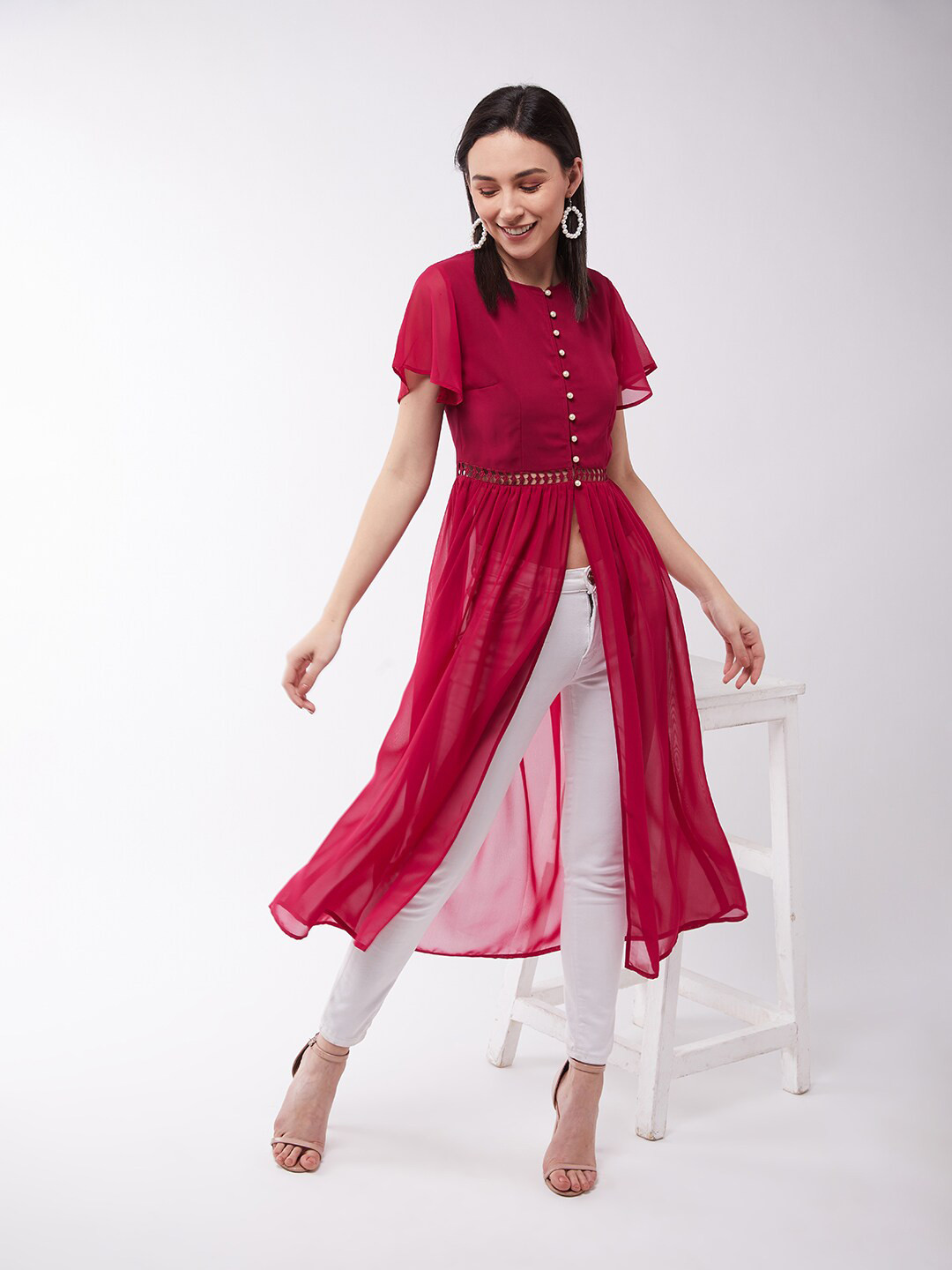DressBerry Pink Flared Sleeve Gathered  Georgette Maxi Longline Top