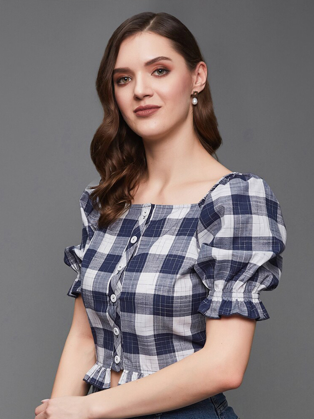 DressBerry Navy Blue Checked Puff Sleeve Georgette Top