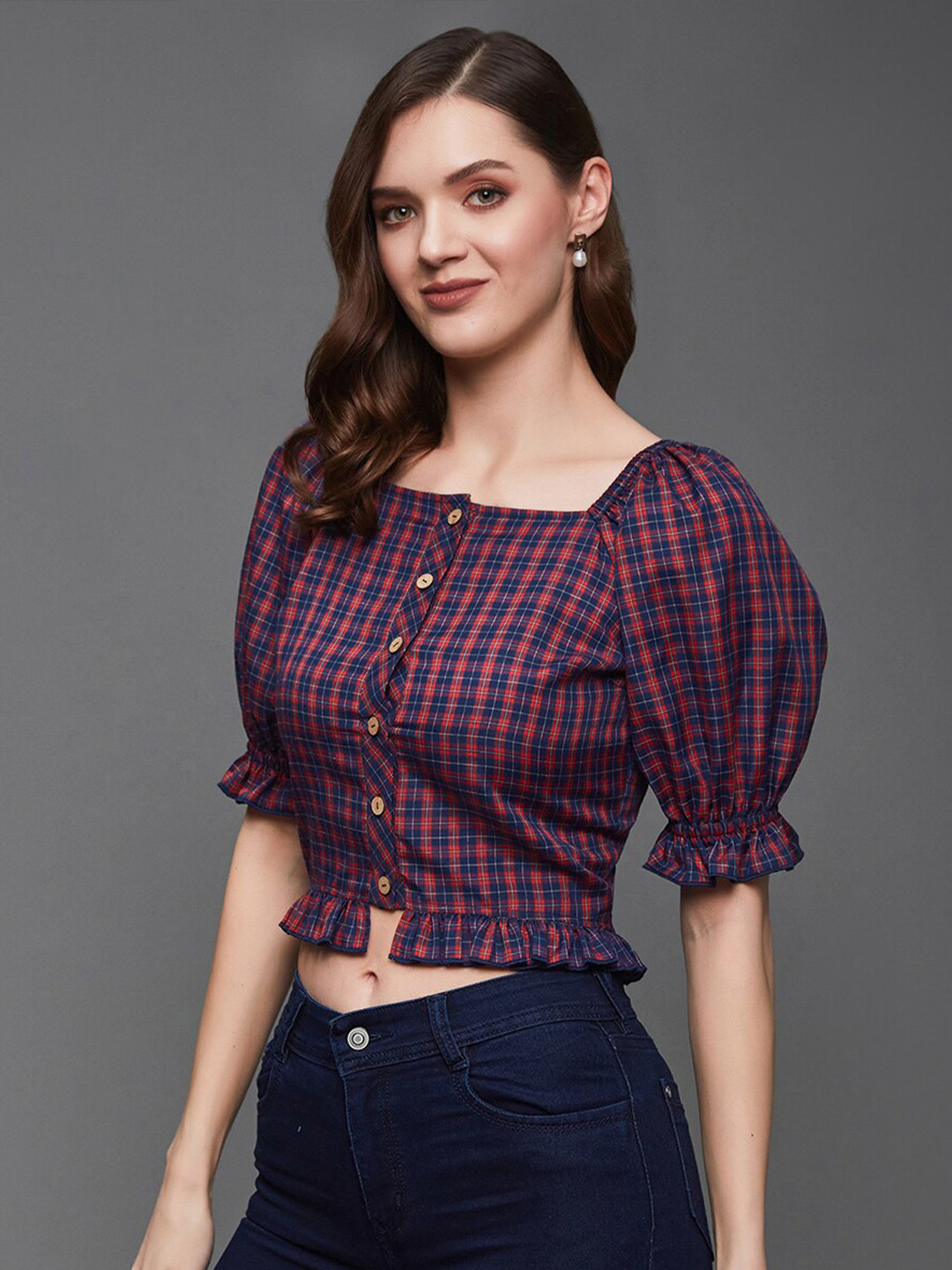 DressBerry Red Checked Puff Sleeve Georgette Crop Top