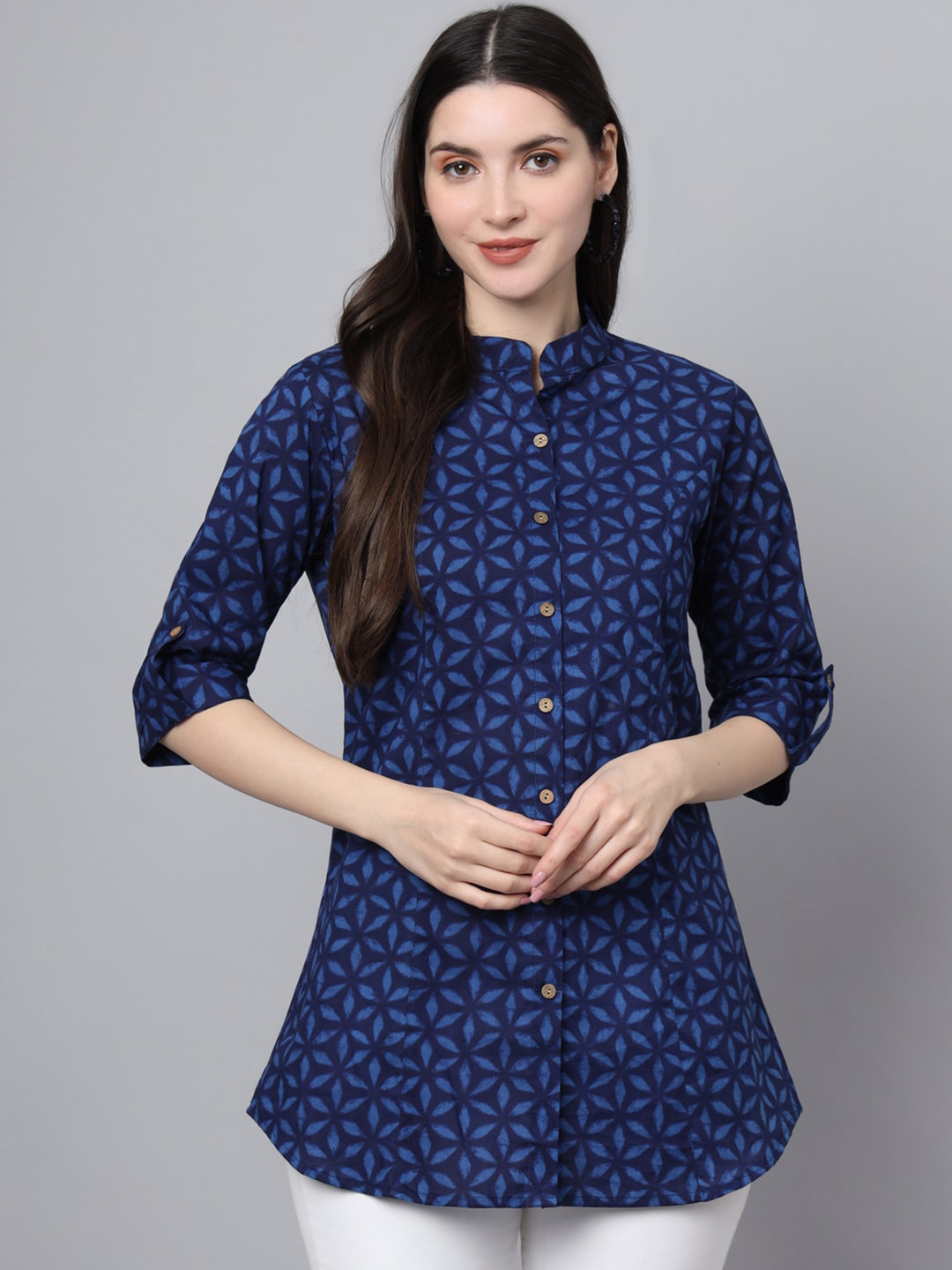 Divena Blue Floral Print Mandarin Collar Roll-Up Sleeves Cotton Shirt Style Casual Top