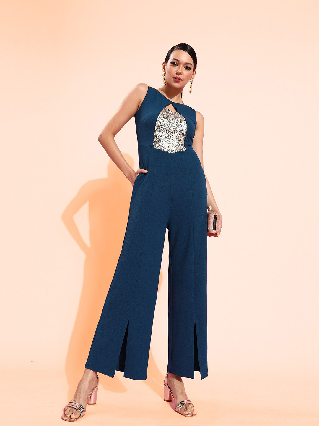 DressBerry Teal Blue Sweetheart Neck Sequined Basic Jumpsuit